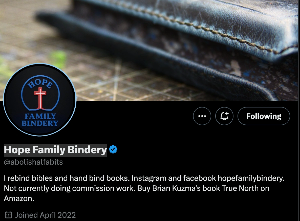 Screenshot of Hope Family Bindery